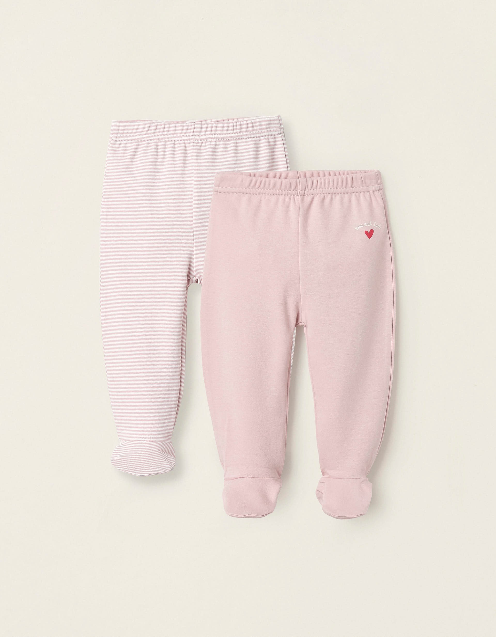 2 Cotton Footed Trousers for Baby Girls 'Mum & Dad', White/Pink