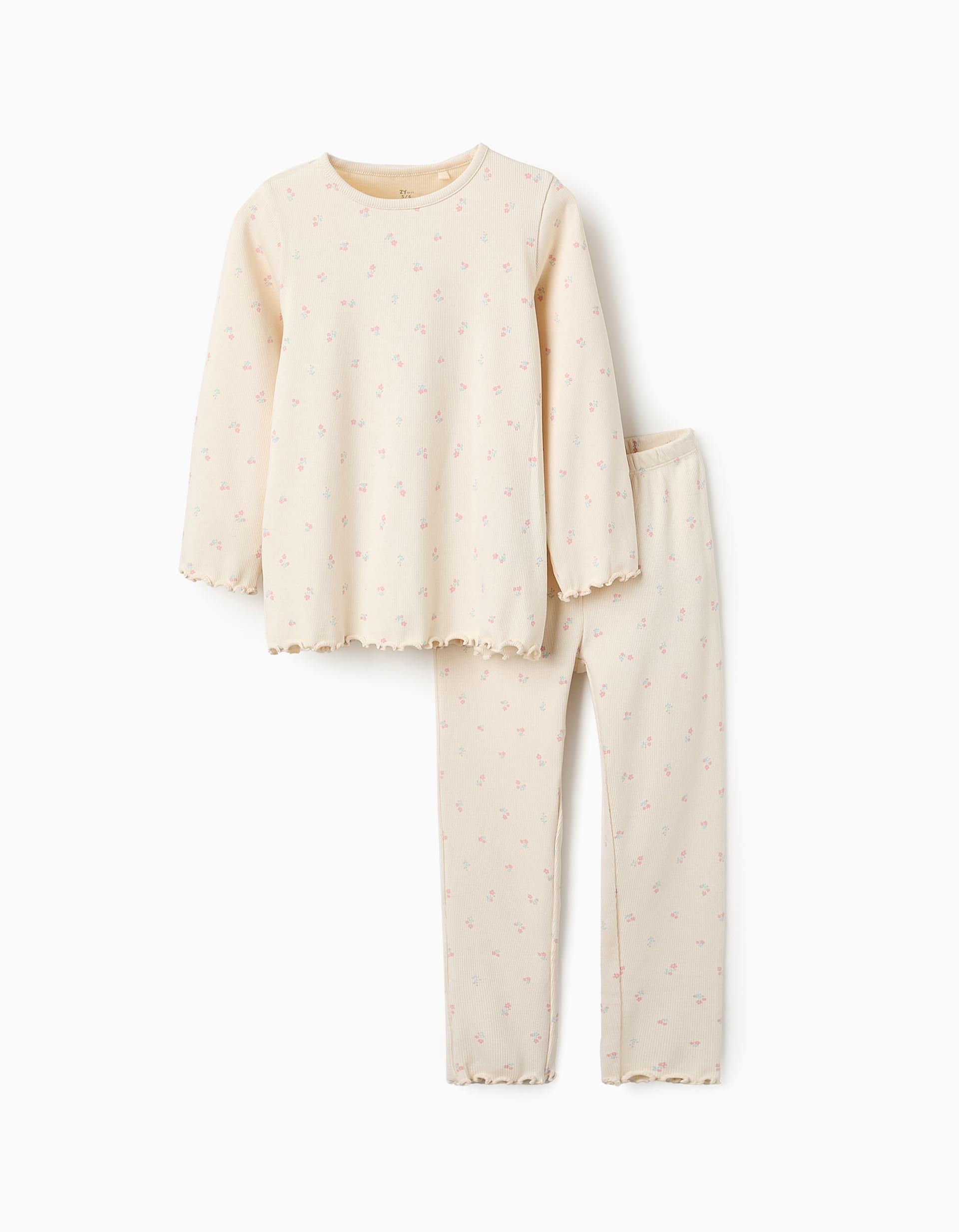 Ribbed Floral Pyjama for Girls, Beige