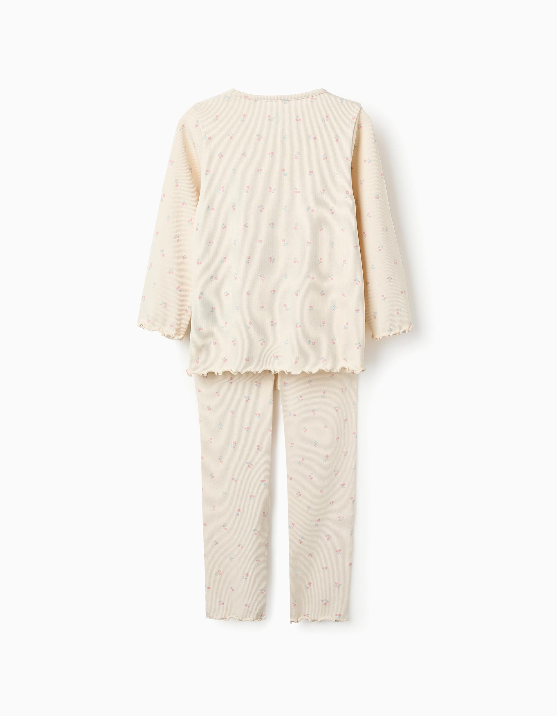 Ribbed Floral Pyjama for Girls, Beige