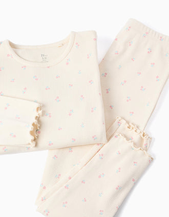 Pijama Acanalado Floral para Niña, Beige