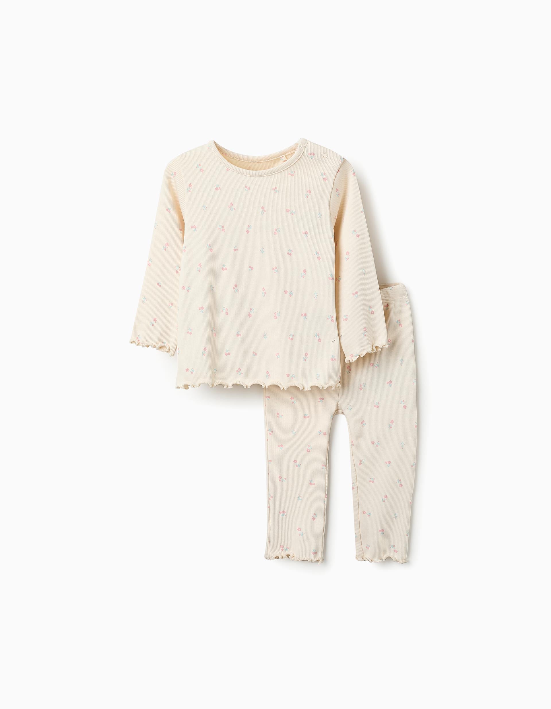 Ribbed Pyjama for Baby Girls 'Flowers', Beige