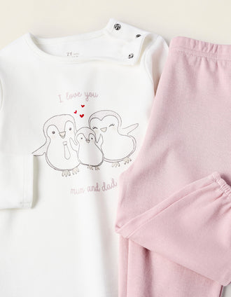 Pijama de Algodão para Bebé Menina 'Mum & Dad', Rosa/Branco