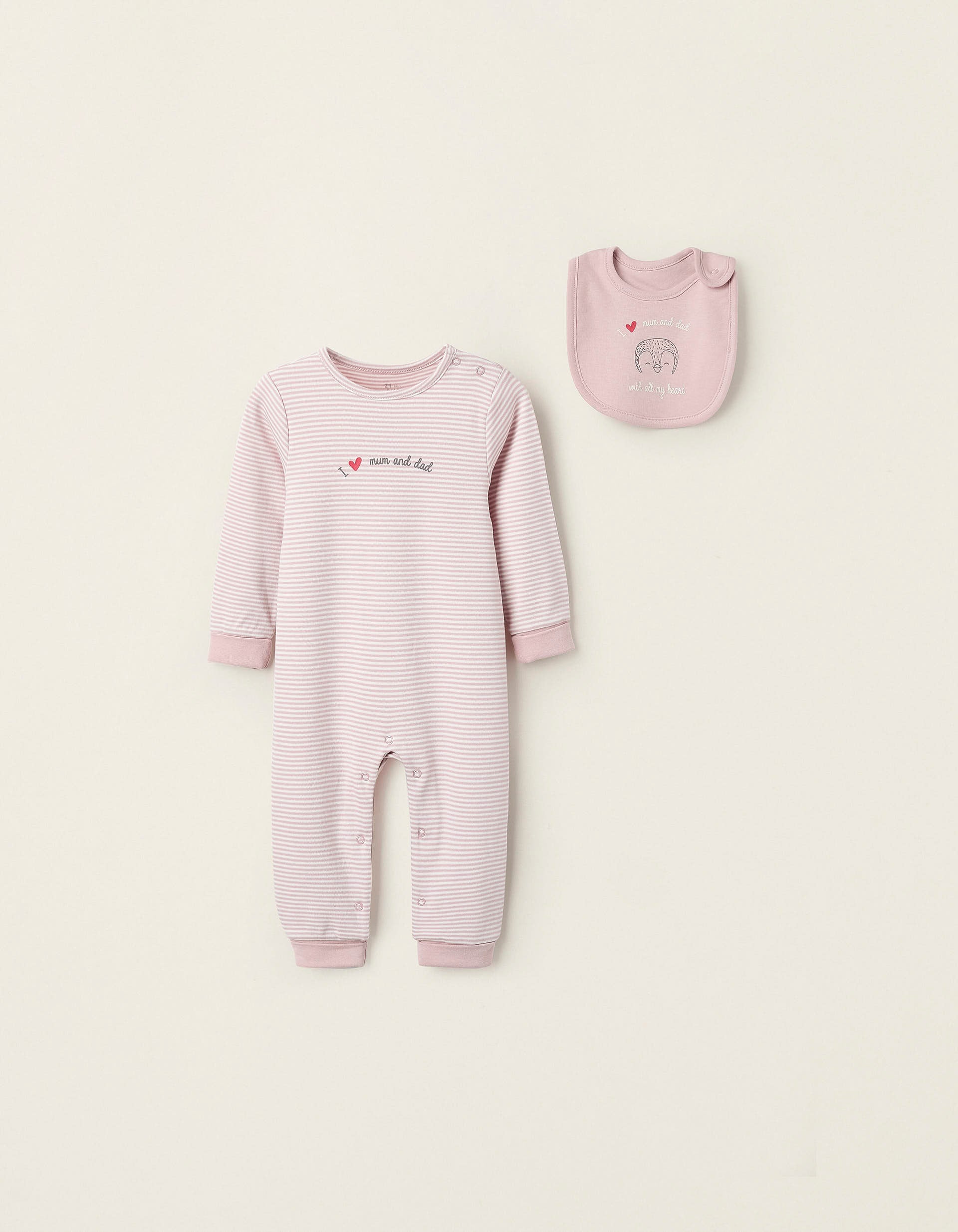 Sleepsuit + bib for Baby Girls 'Mum & Dad', Pink