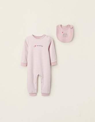 Grenouillère + Bavoir pour Bébé Fille 'Mum & Dad', Rose