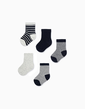 Pack 5 Pares de Meias Lisas e às Riscas para Bebé Menino, Cinza/Azul