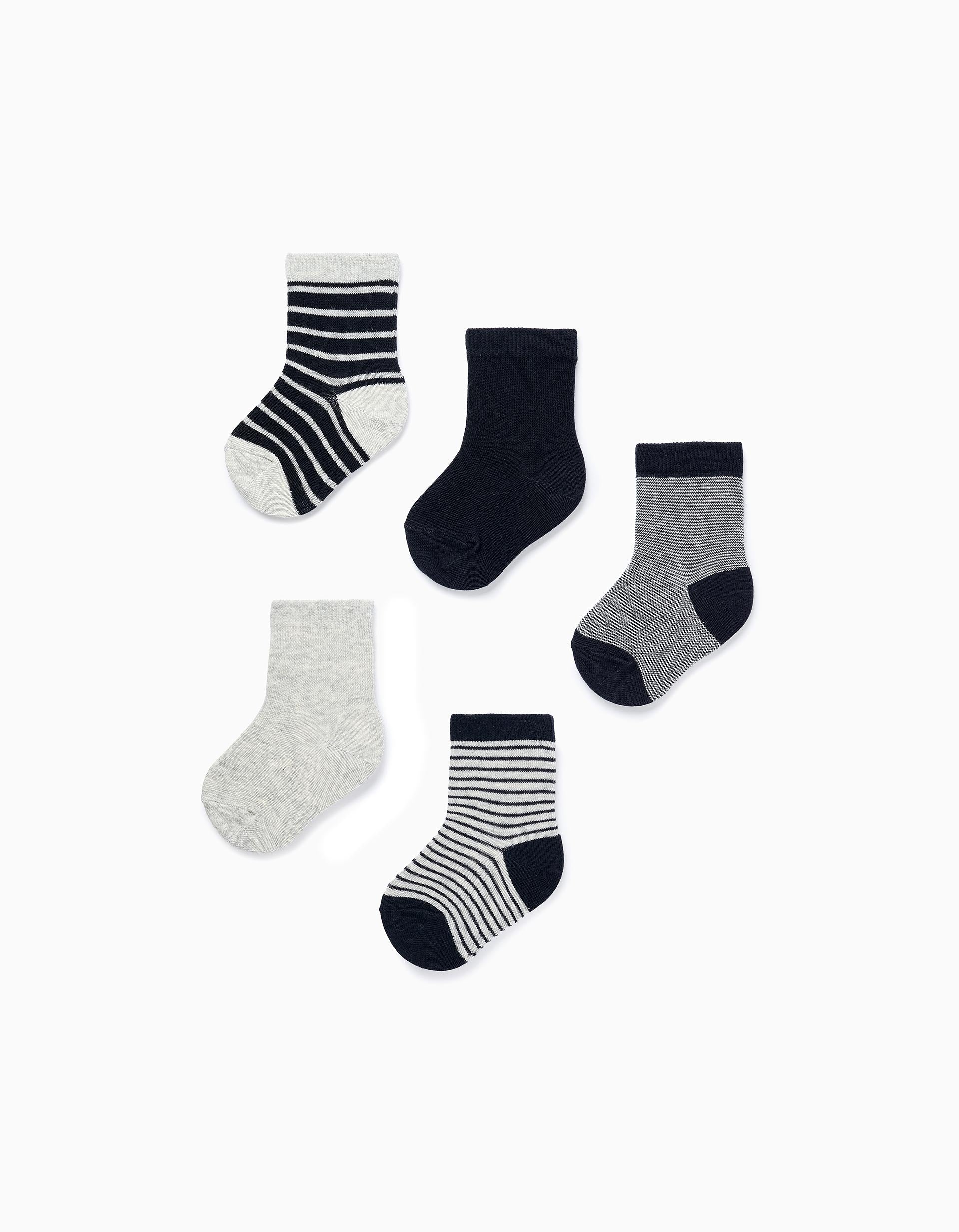 Pack of 5 Pairs of Plain/Striped Socks for Baby Boys, Grey/Blue