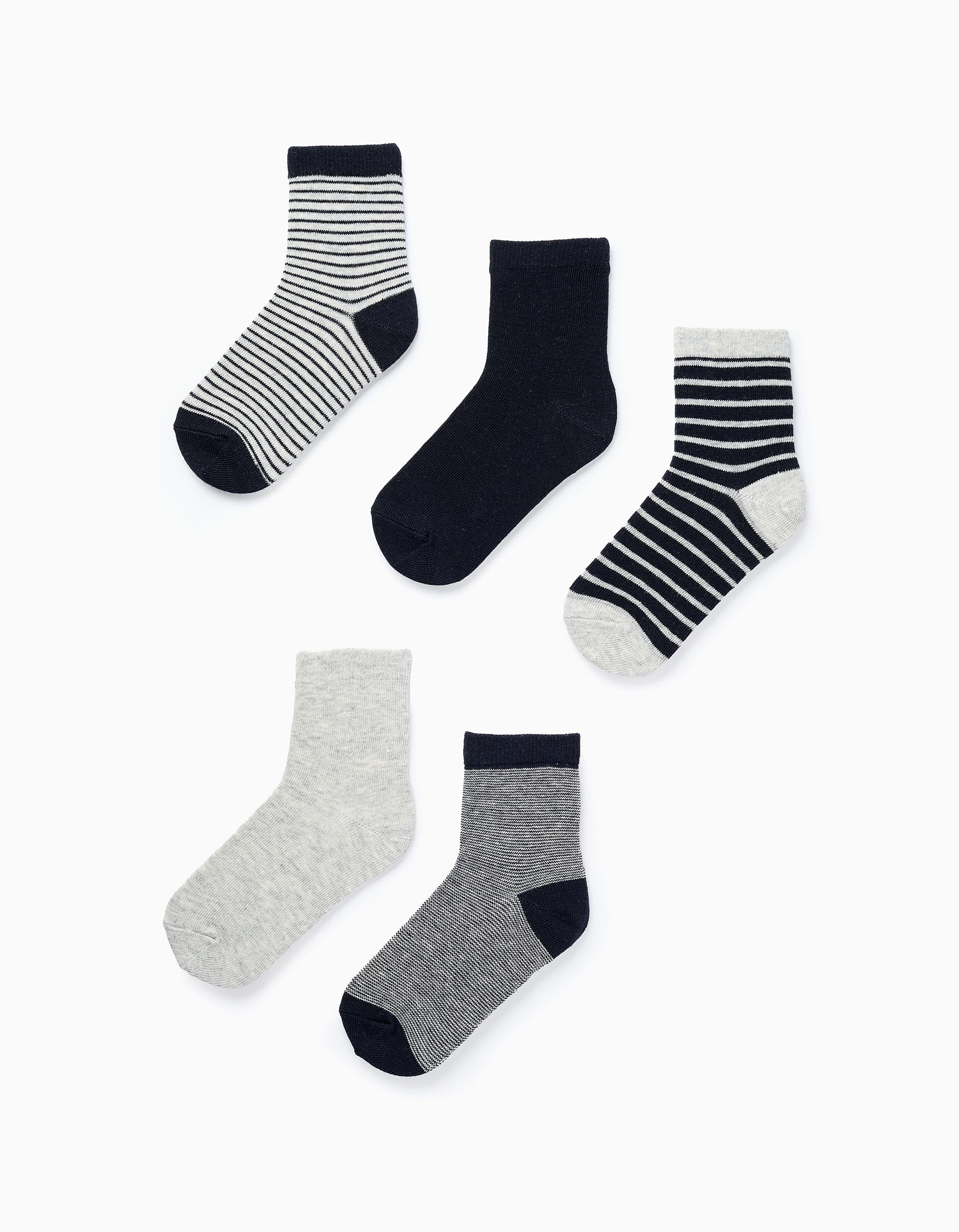 Pack of 5 Pairs of Plain/Striped Socks for Boys, Grey/Dark Blue