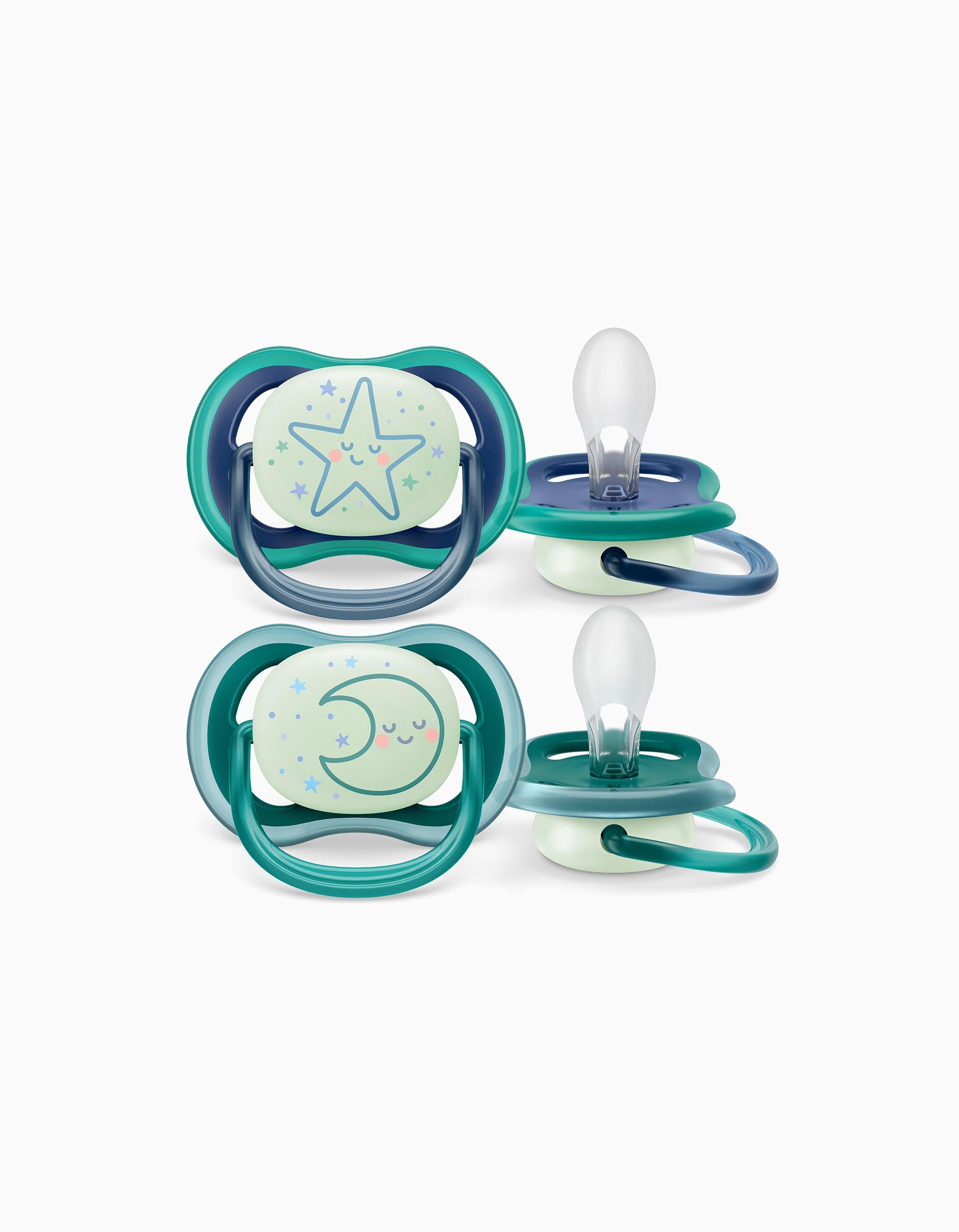 2 Chupetas Philips/Avent Ultra Air Silicone Brilha No Escuro 6-18M, Moon/Star