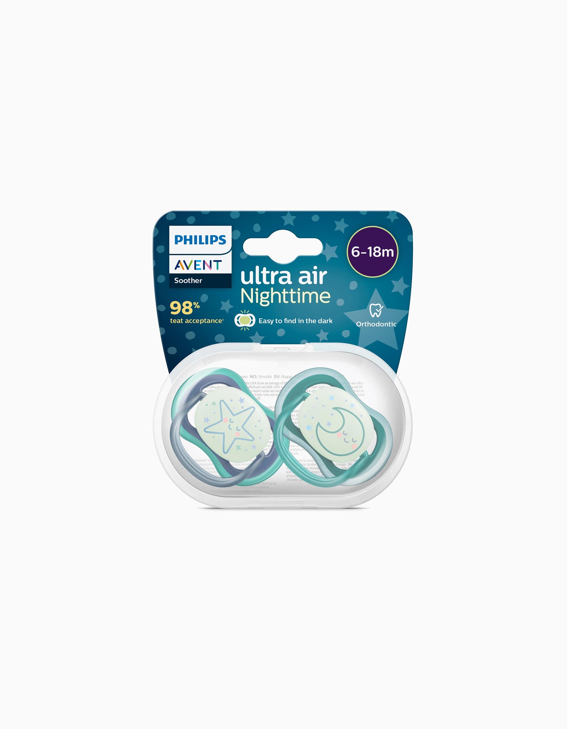 2 Chupetas Philips/Avent Ultra Air Silicone Brilha No Escuro 6-18M, Moon/Star