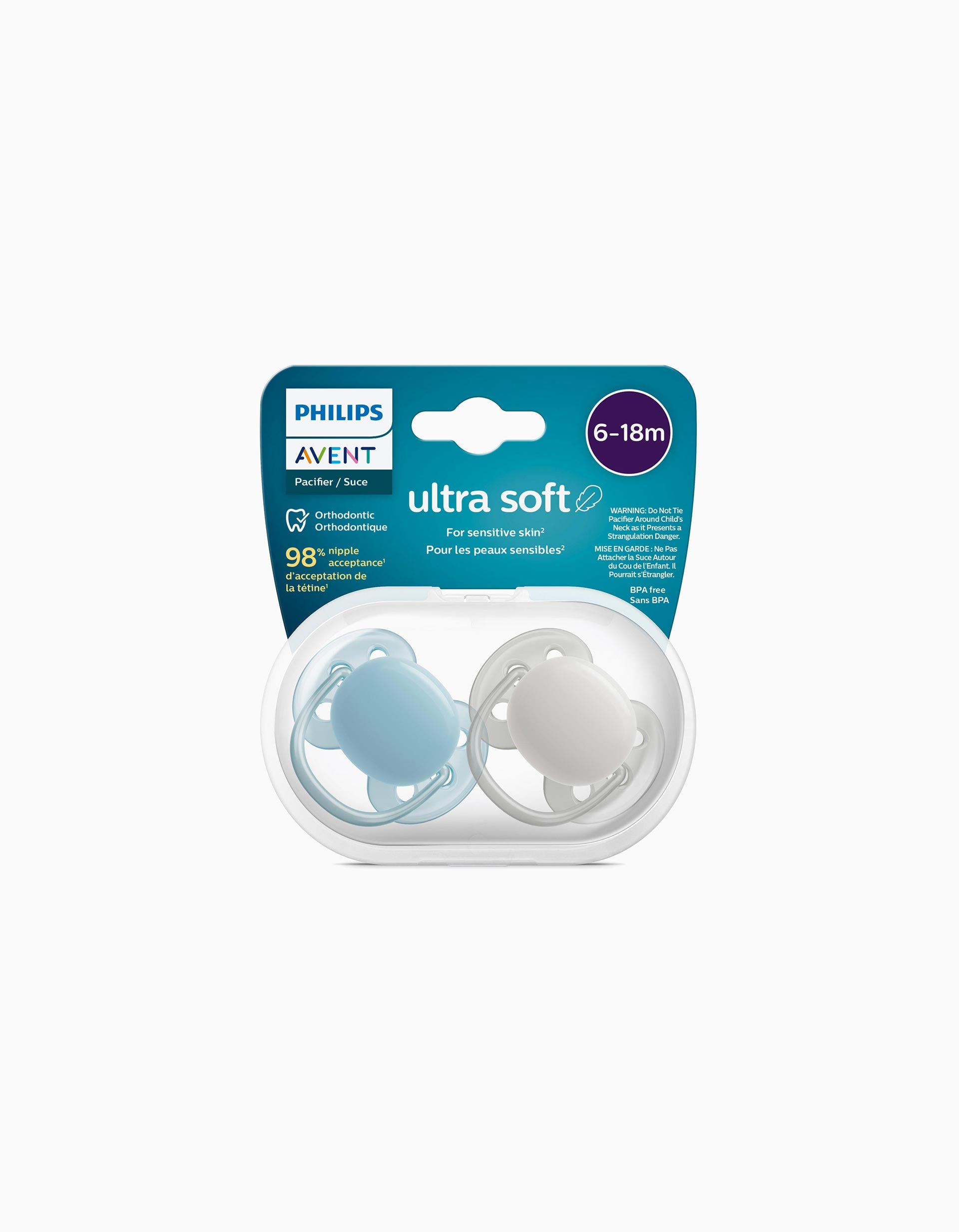 2 Chupetas Philips/Avent Ultra Soft Silicone 6-18M, Azul/Cinza