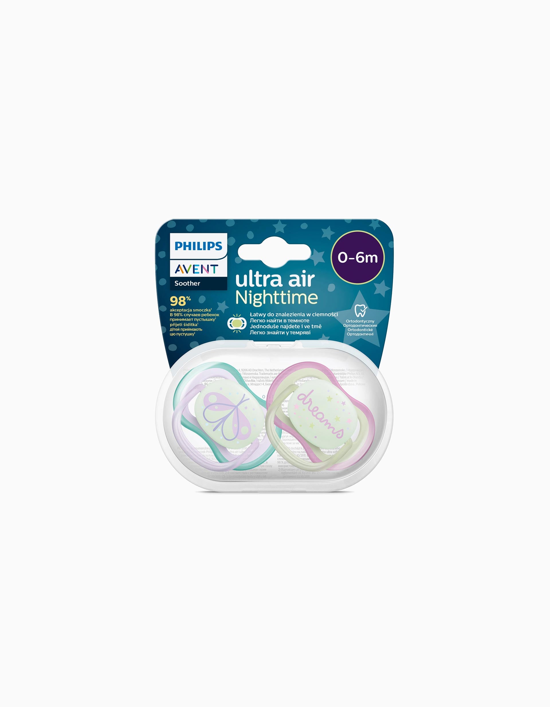 2 Chupetas Philips/Avent Ultra Air Silicone Brilha No Escuro 0-6M, Dreams