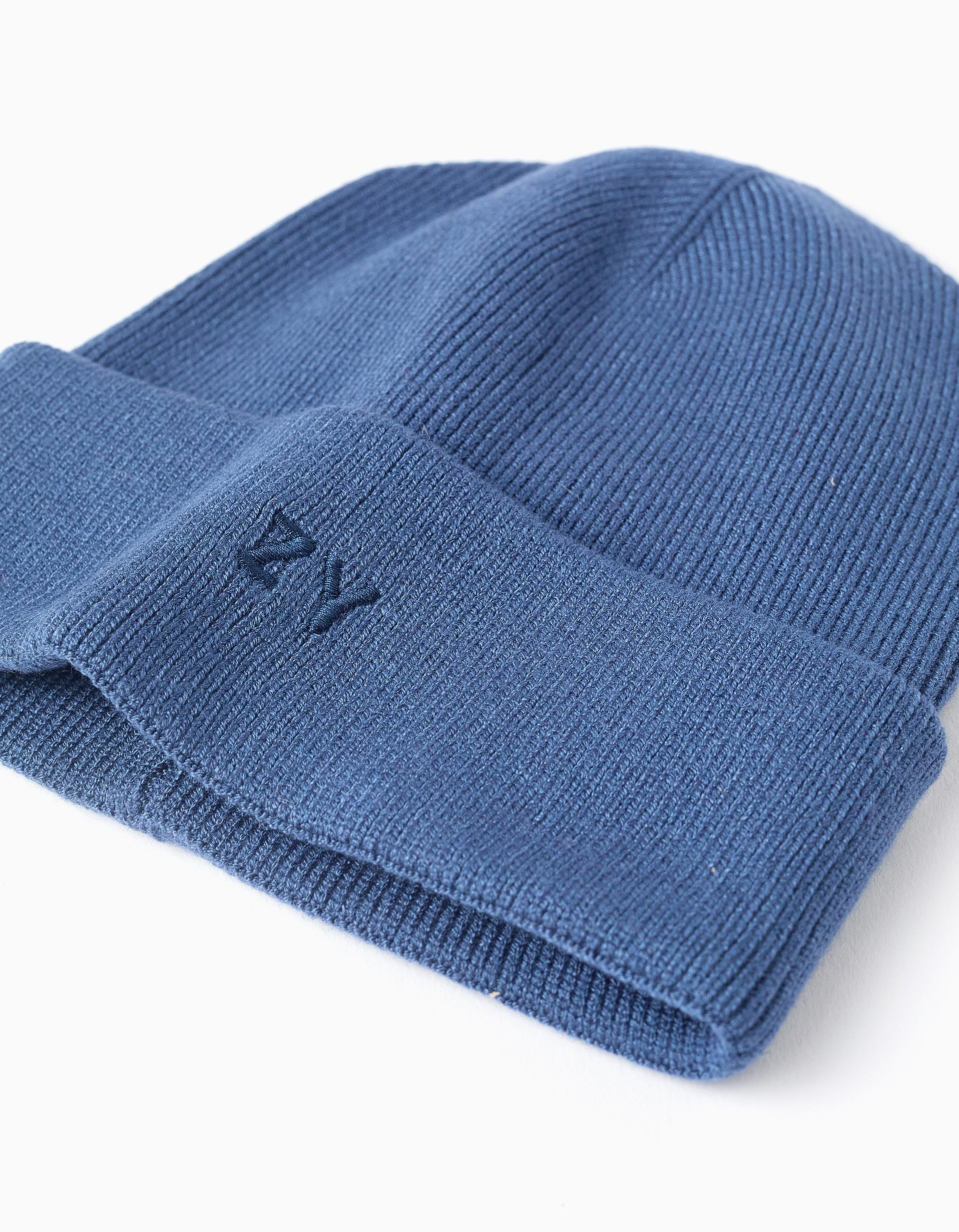 Ribbed Beanie with Fold for Boys, Blue