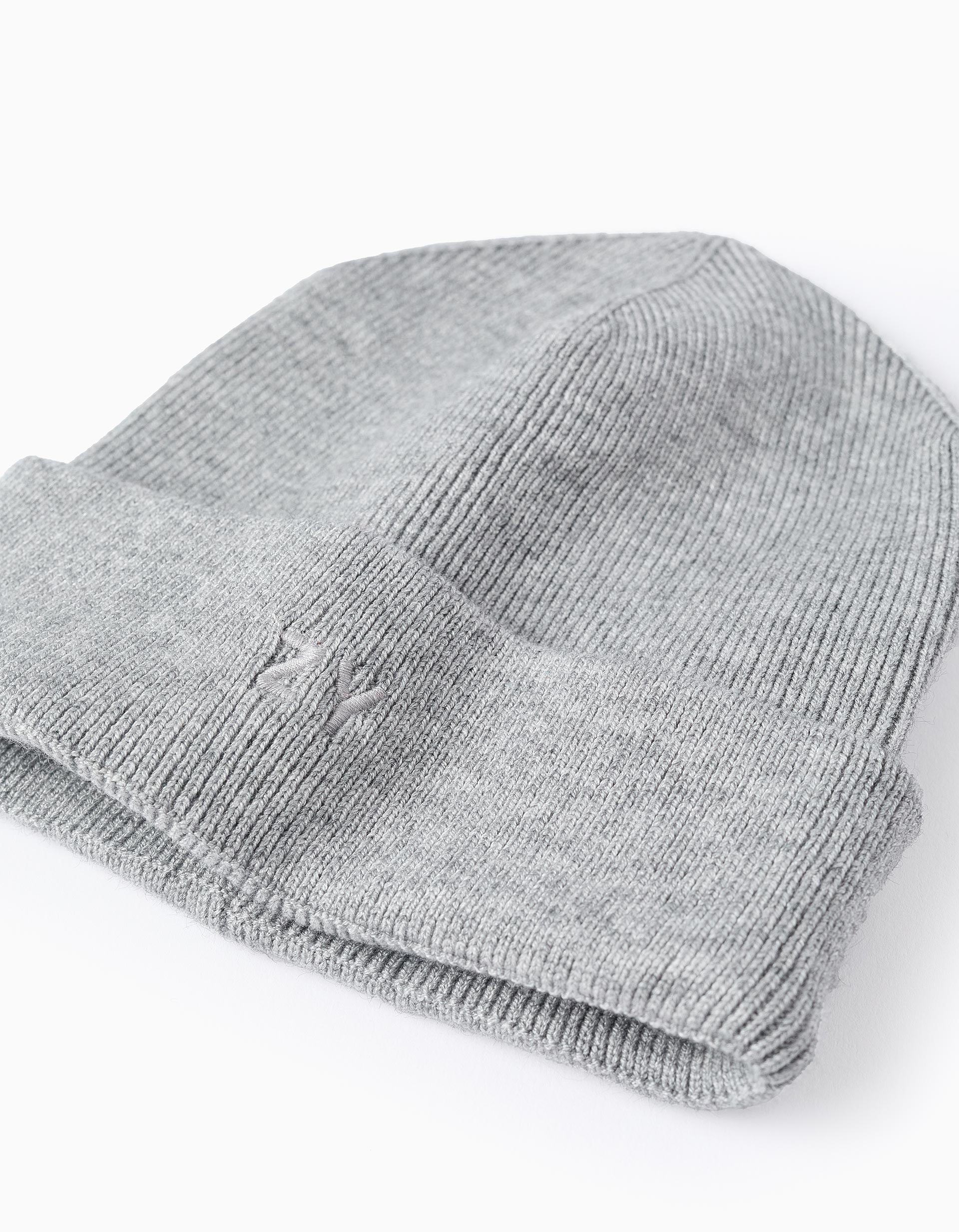 Ribbed Beanie Hat with Fold for Boys, Grey