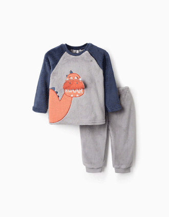Pyjama En Velours Pour Bébé Garçon 'Dinosaure', Gris/Bleu