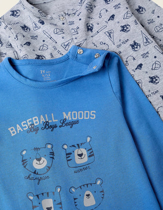 2 Grenouillères en Coton pour Bébé Garçon 'Tigre', Gris/Bleu