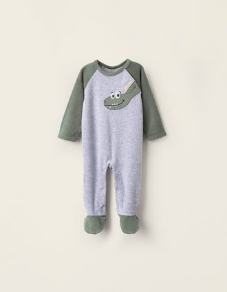 Grenouillère en Velours pour Bébé Garçon 'Dinosaure', Vert/Gris