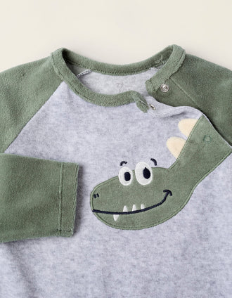 Grenouillère en Velours pour Bébé Garçon 'Dinosaure', Vert/Gris