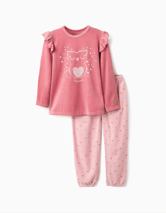 Pijama de Veludo Brilha no Escuro para Menina 'Coruja', Rosa