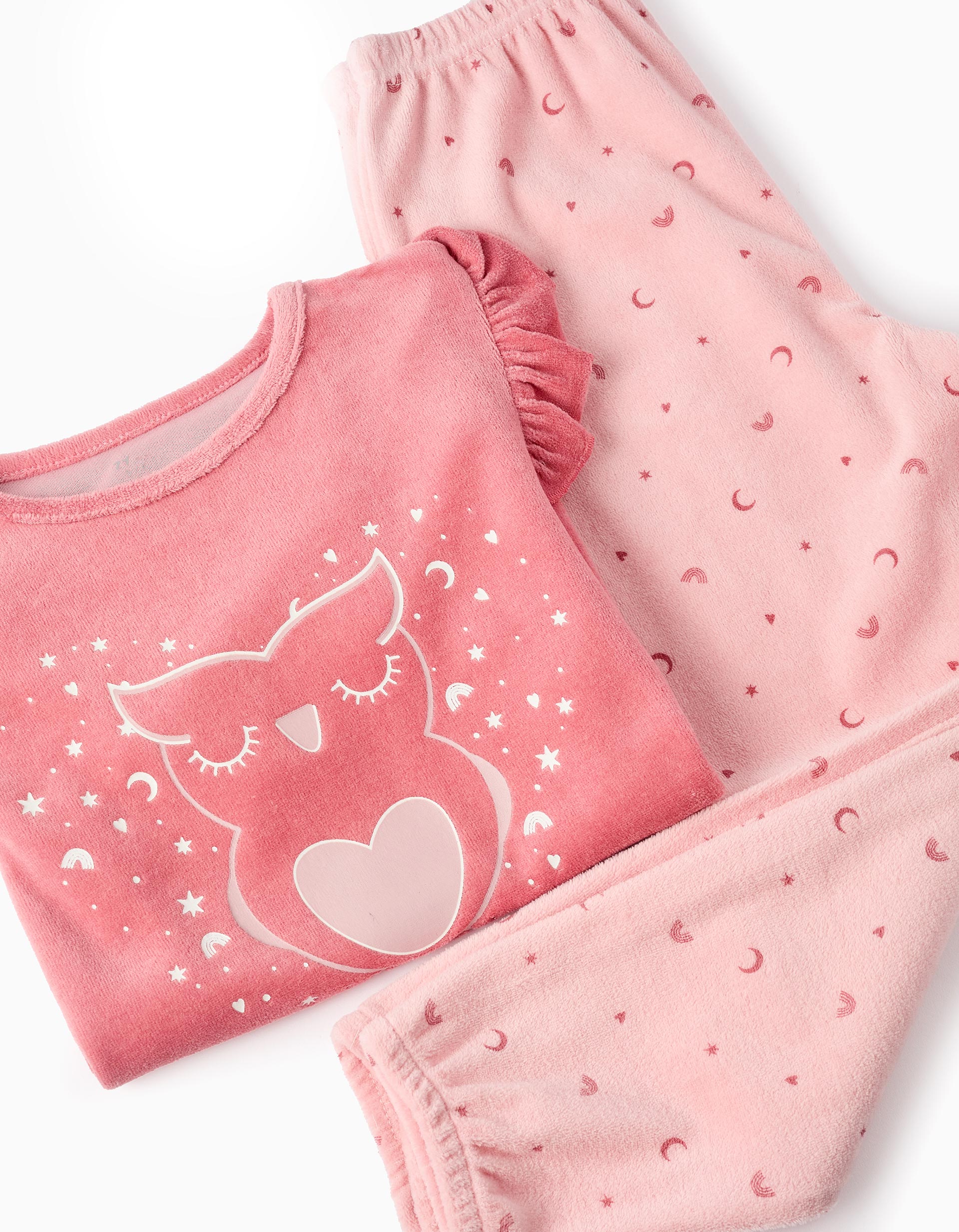 Velours Glow-in-the-Dark Pyjama for Girls 'Owl', Pink