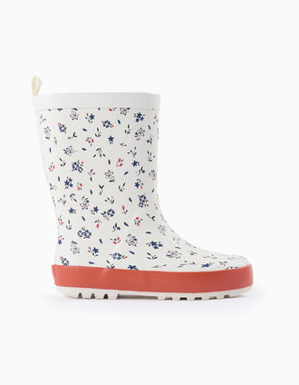 Botas de Agua Florales para Niña, Blanco/Naranja