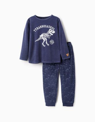 Pyjama en Velours qui Brille dans le Noir pour Garçon 'Dinosaures', Bleu