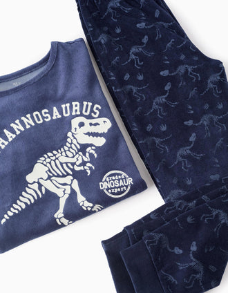 Pijama de Terciopelo Brilla en la Oscuridad para Niño 'Dinosaurios', Azul