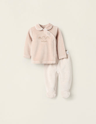 Pijama de Veludo para Recém-Nascido 'Ouriço', Bege/Branco