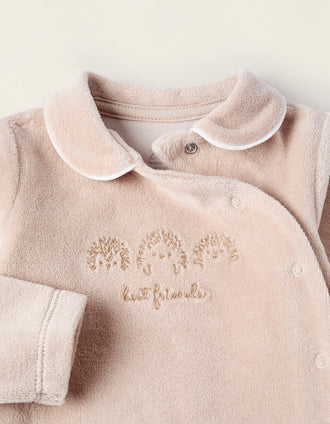 Pijama de Veludo para Recém-Nascido 'Ouriço', Bege/Branco