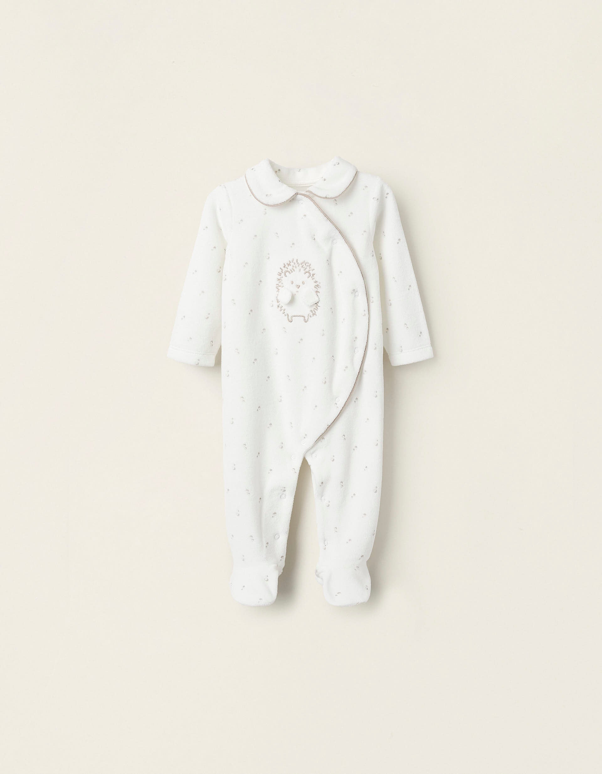 Velours Sleepsuit for Newborns 'Hedgehog', White/Beige