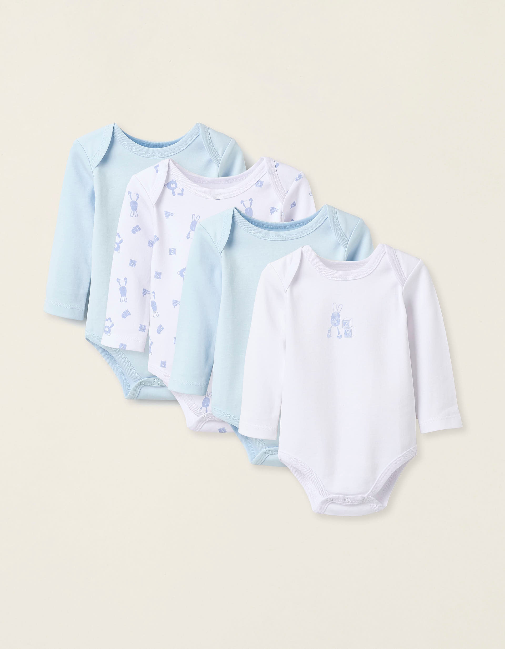 Pack of 4 Long Sleeve Bodysuits for Babies 'Teddy', White/Blue