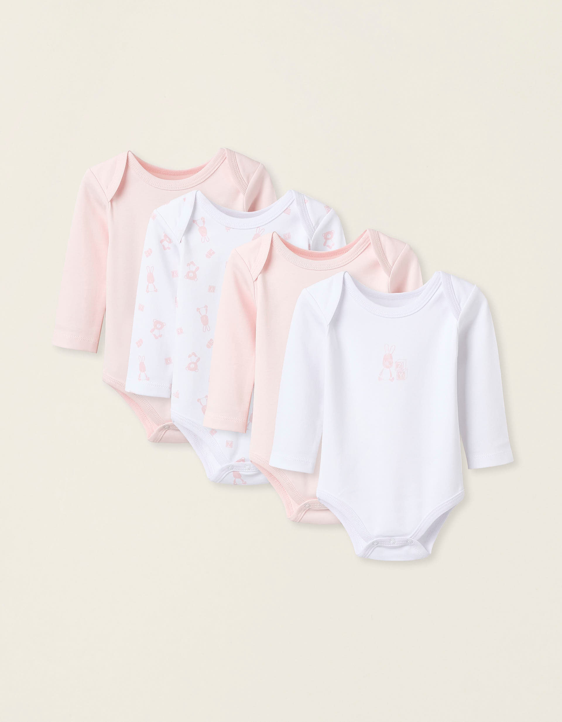 Pack of 4 Long Sleeve Bodysuits for Baby Girls 'Bunny', White/Pink