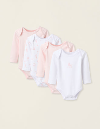 Pack 4 Bodies de Manga Larga para Bebé Niña 'Bunny', Blanco/Rosa
