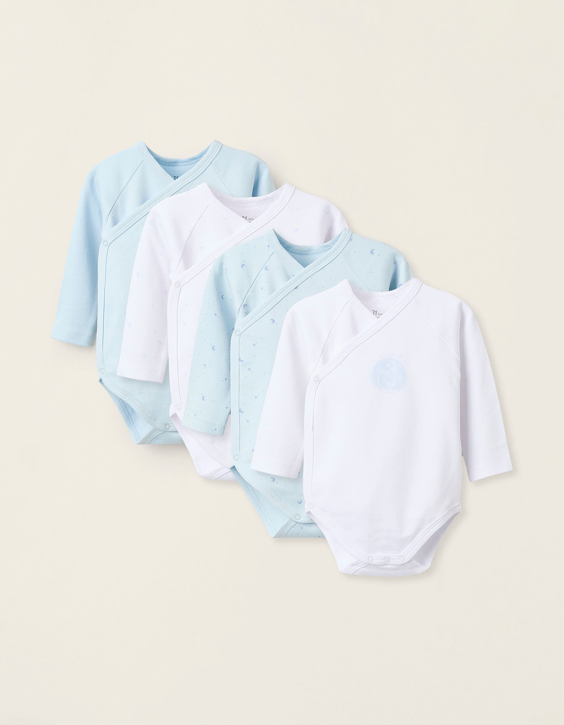 Pack of 4 Long Sleeve Bodysuits for Baby Boys 'Moon', White/Blue