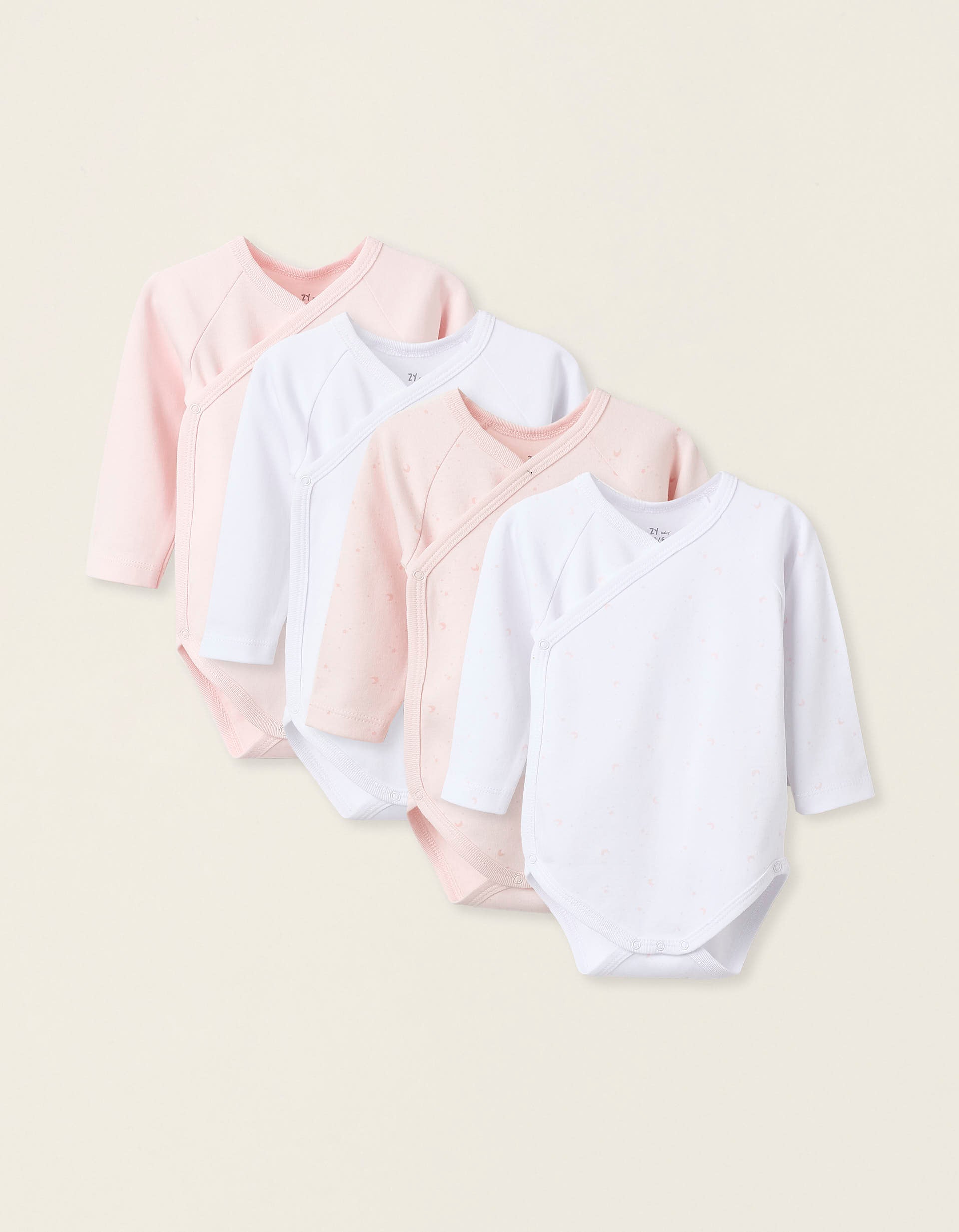 Pack of 4 Long Sleeve Bodysuits for Baby Girls 'Moon', White/Pink