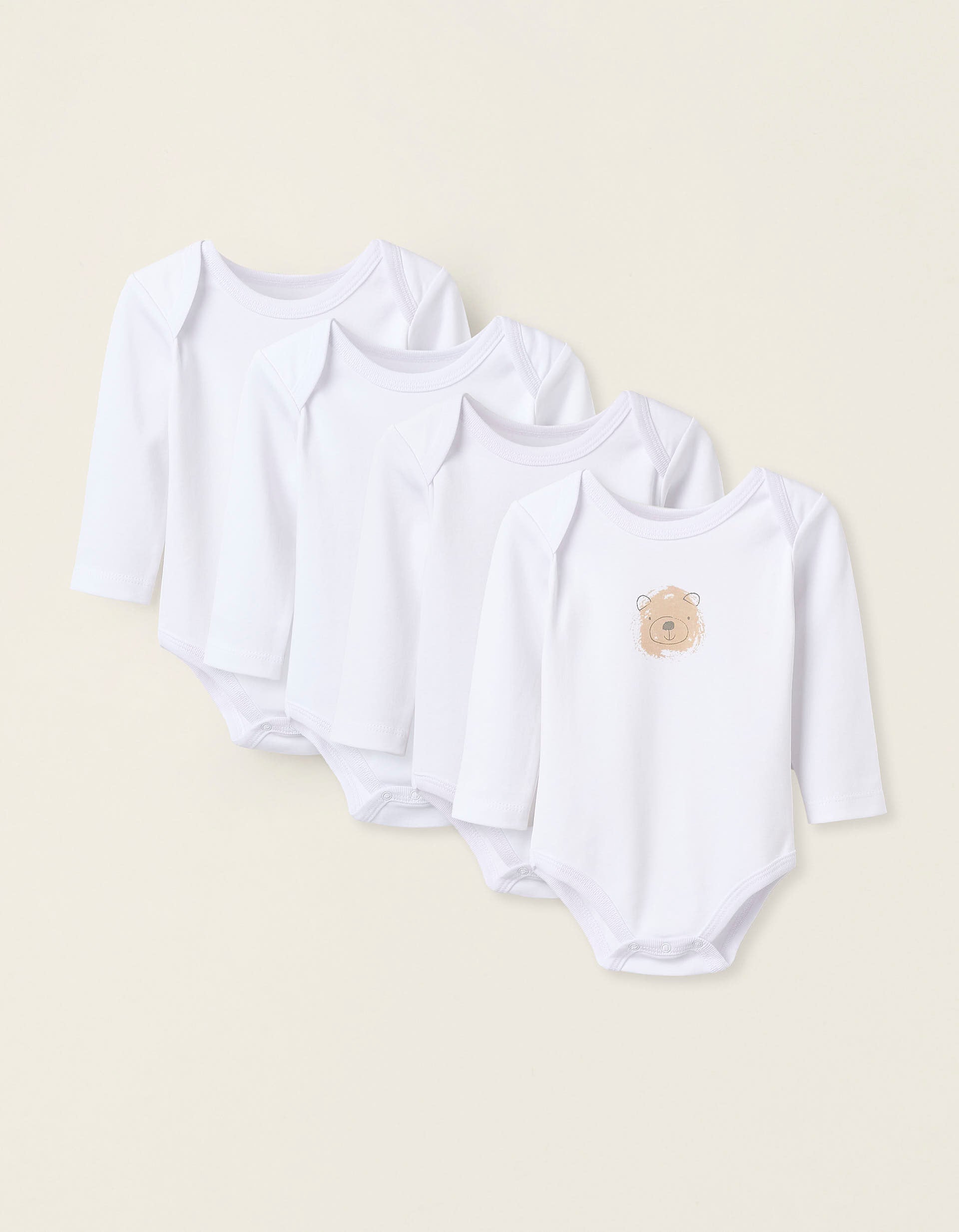 Pack of 4 Long Sleeve Bodysuits for Babies 'Animals', White