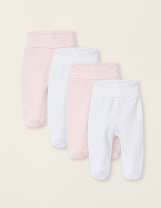Pack 4 Pantalones con Pies en Algodón para Recién Nacida y Bebé, Blanco/Rosa