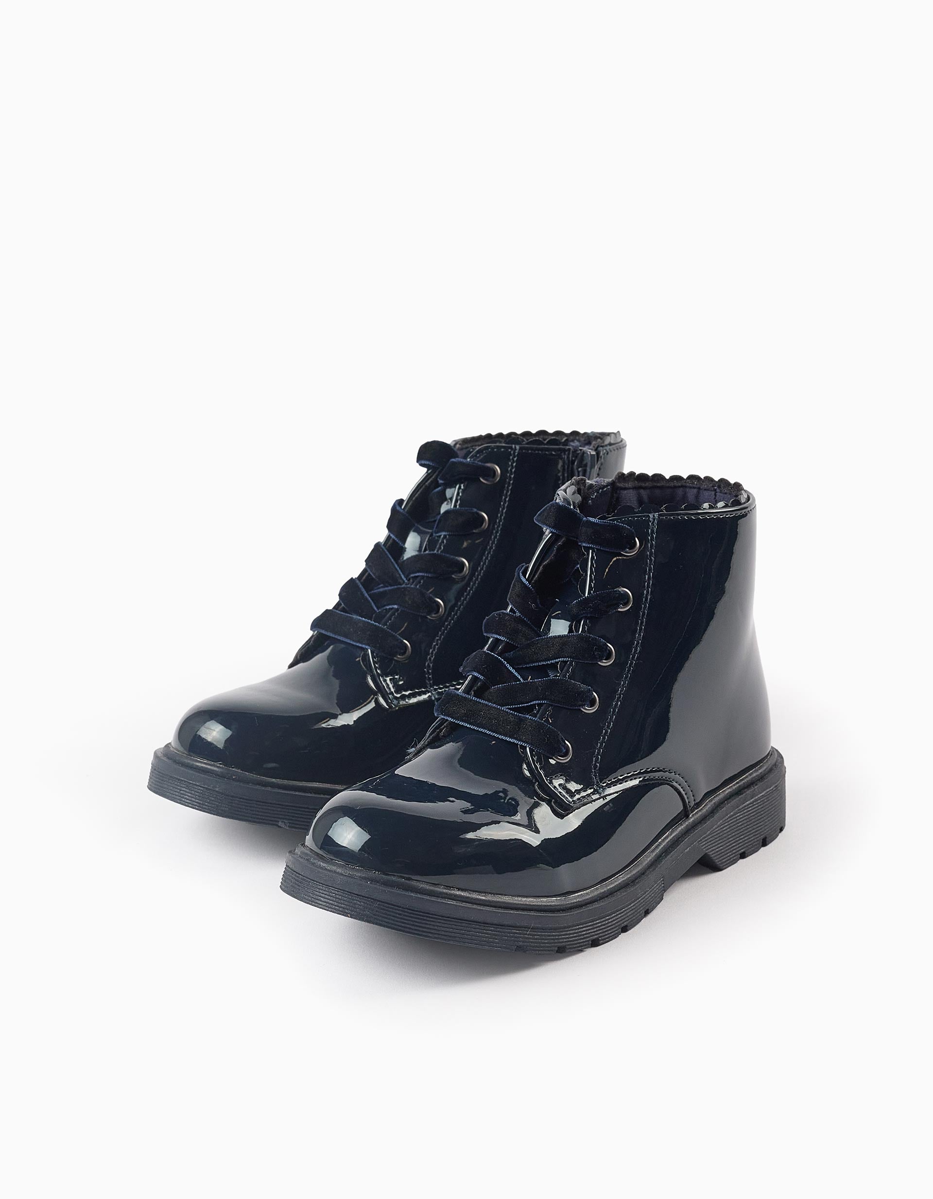 Patent Leather Boots with Velvet Laces for Girls, Dark Blue