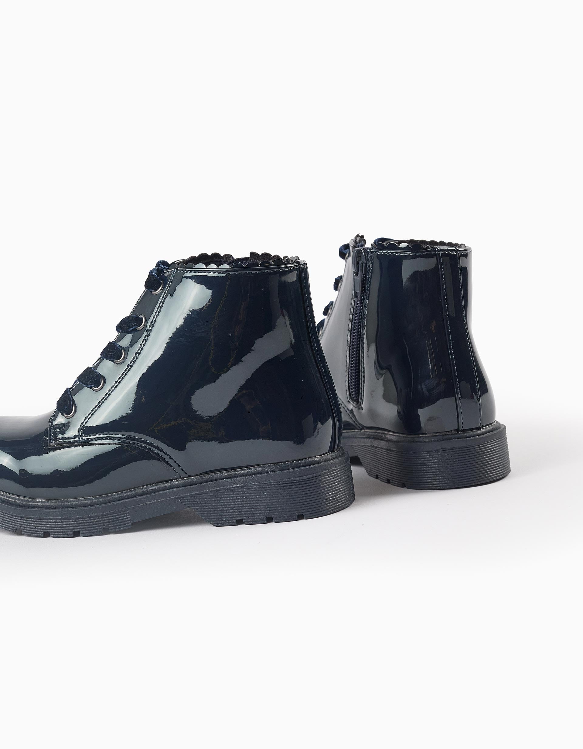 Patent Leather Boots with Velvet Laces for Girls, Dark Blue