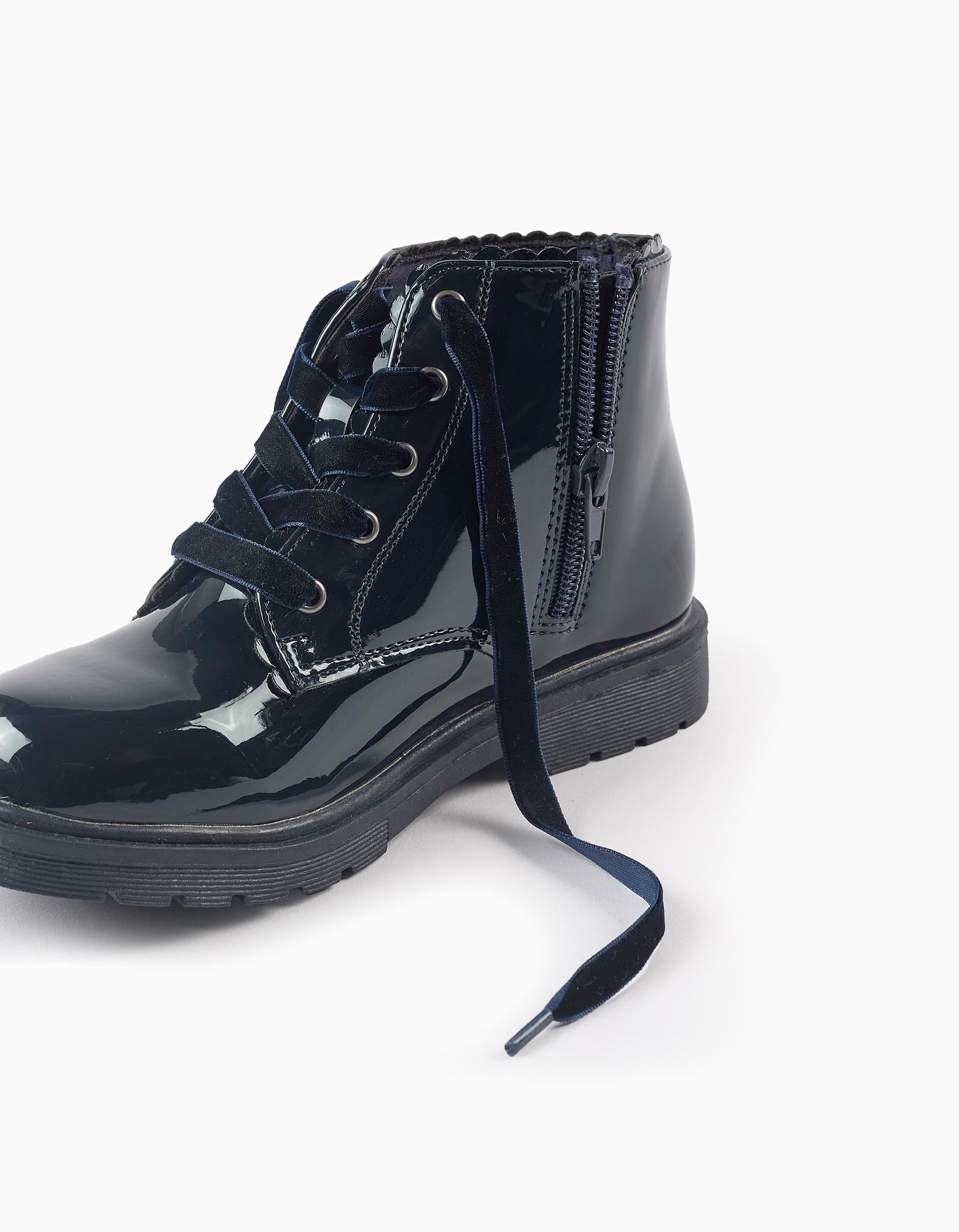 Patent Leather Boots with Velvet Laces for Girls, Dark Blue