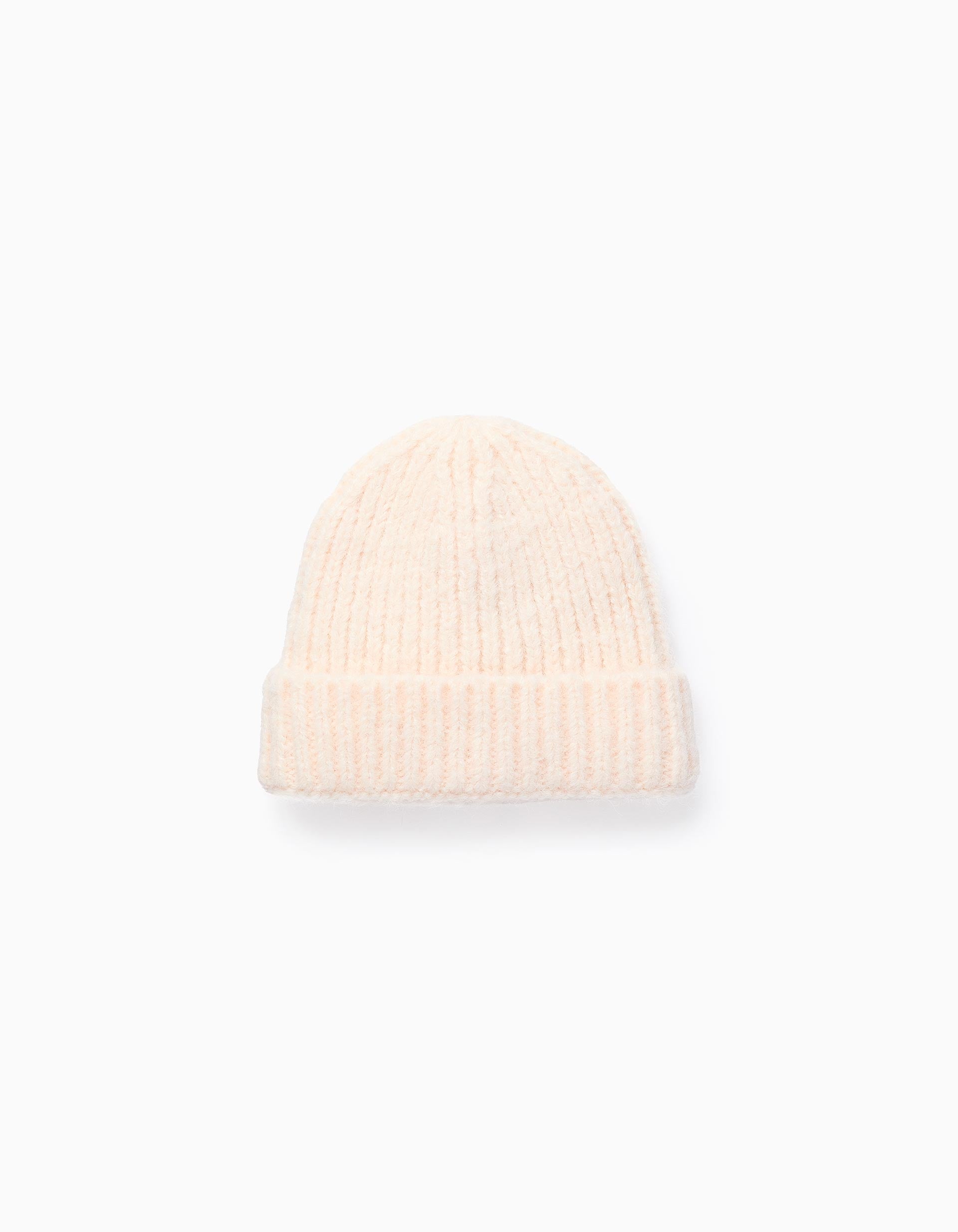 Ribbed Knit Beanie with Fold for Child, Beige