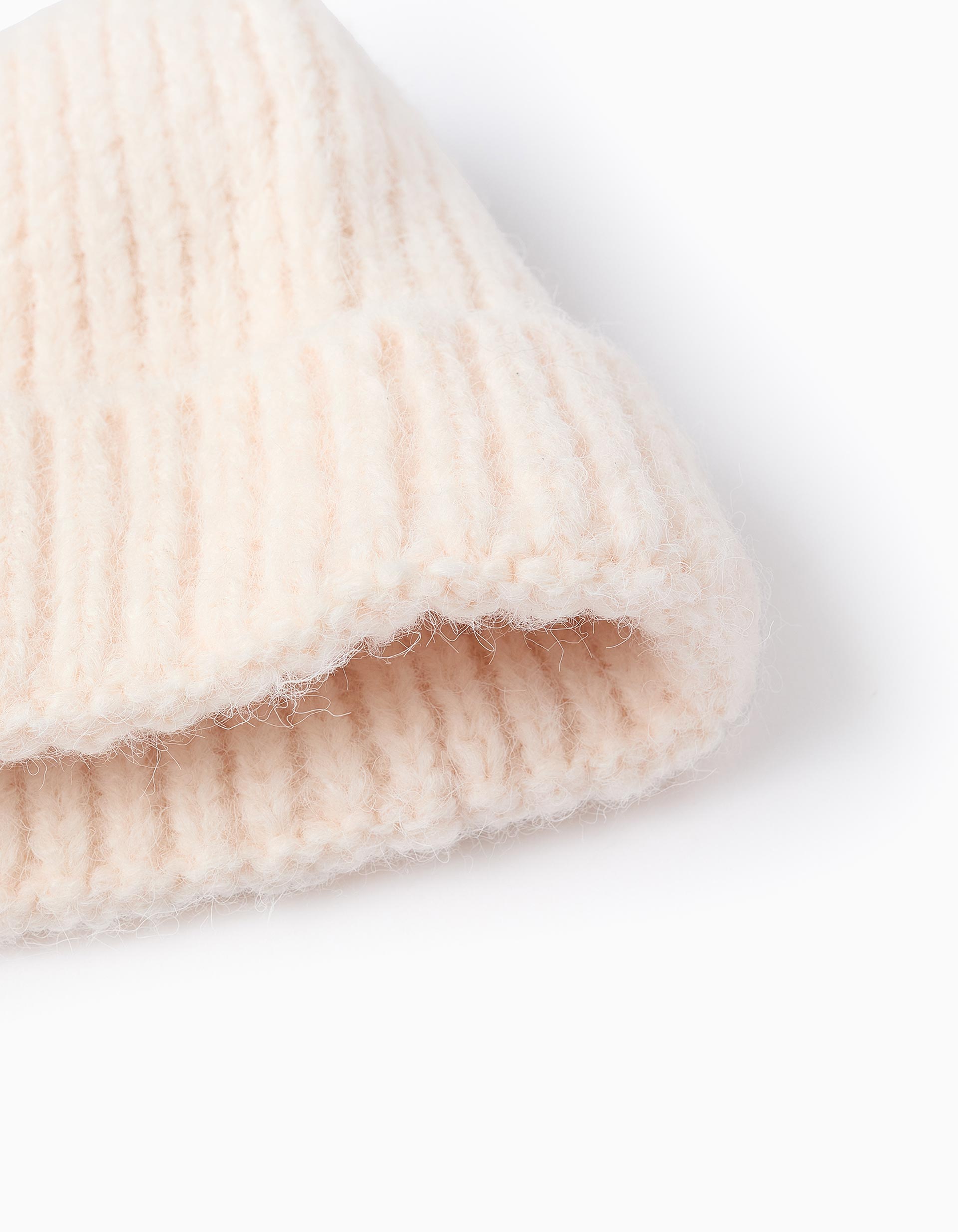 Ribbed Knit Beanie with Fold for Child, Beige