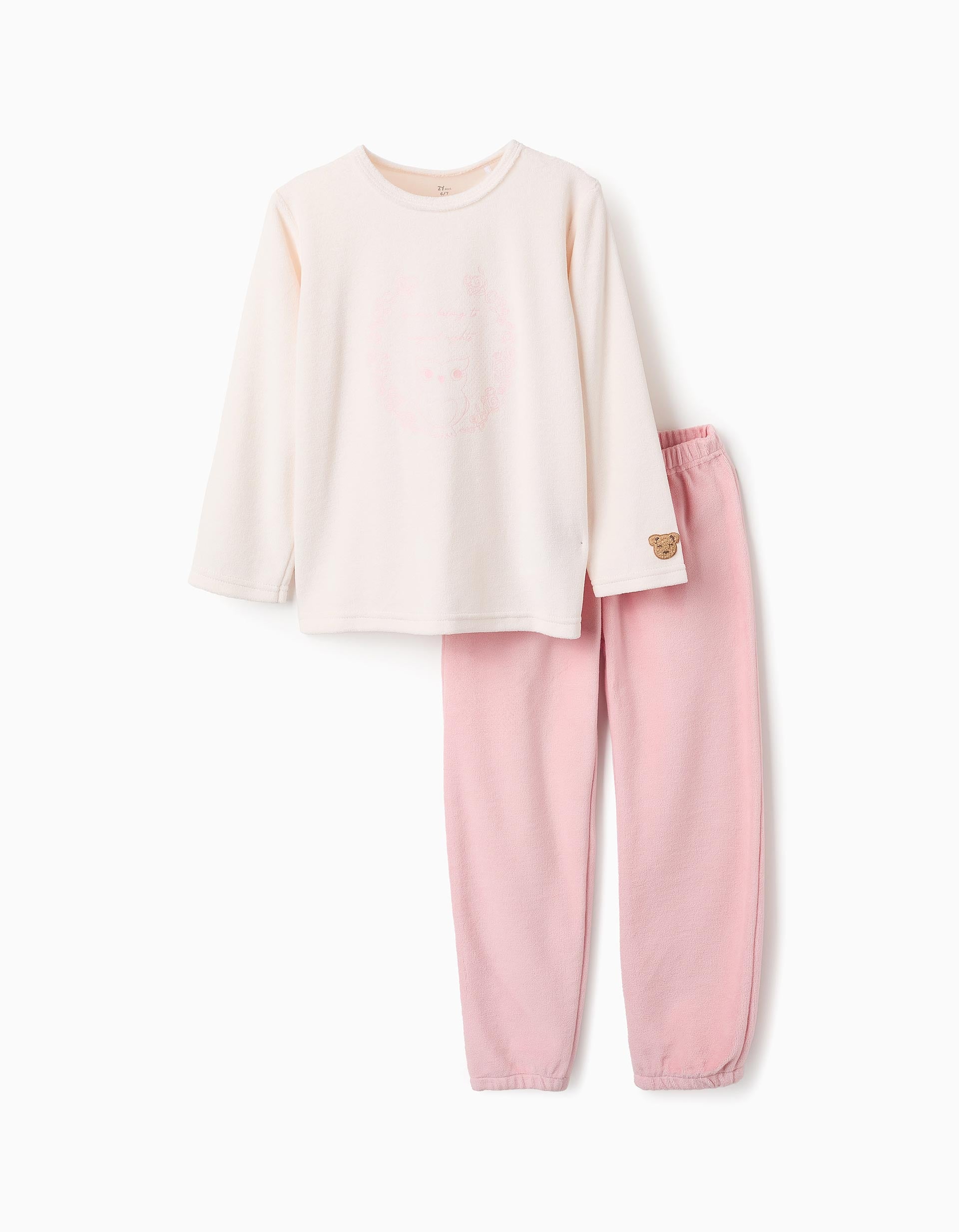 Velour Pyjama with Printed Owls for Girls, Pink