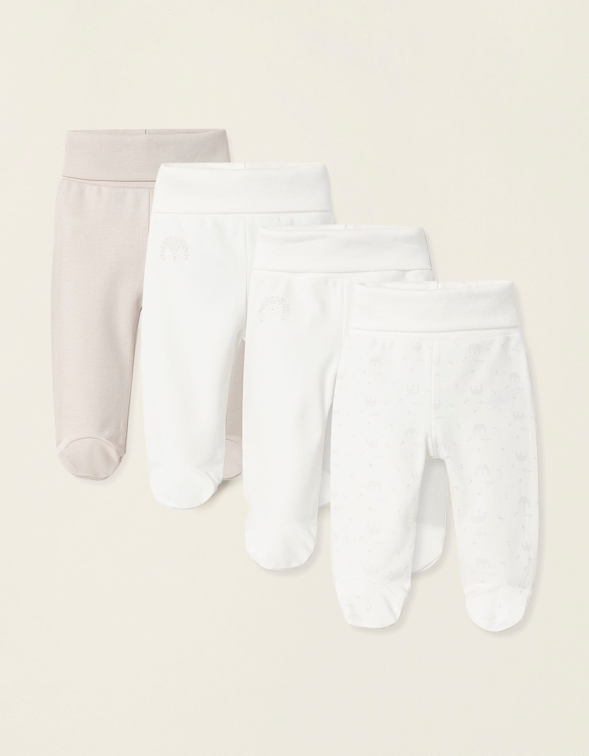 Pack of 4 Footed Trousers for Babies 'Hedgehog', White/Beige