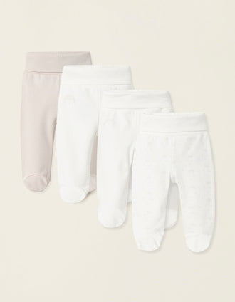 Pack 4 Pantalones con Pies para Bebé 'Erizo', Blanco/Beige
