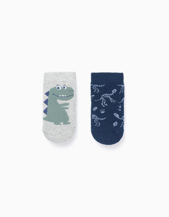 Pack 2 Calcetines Antideslizantes para Bebé Niño 'Dinosaurio', Azul/Gris