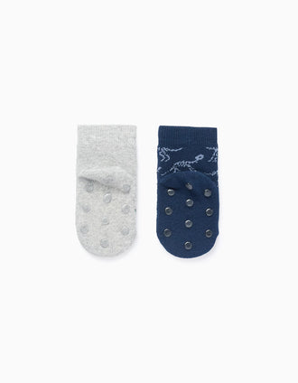Pack 2 Calcetines Antideslizantes para Bebé Niño 'Dinosaurio', Azul/Gris