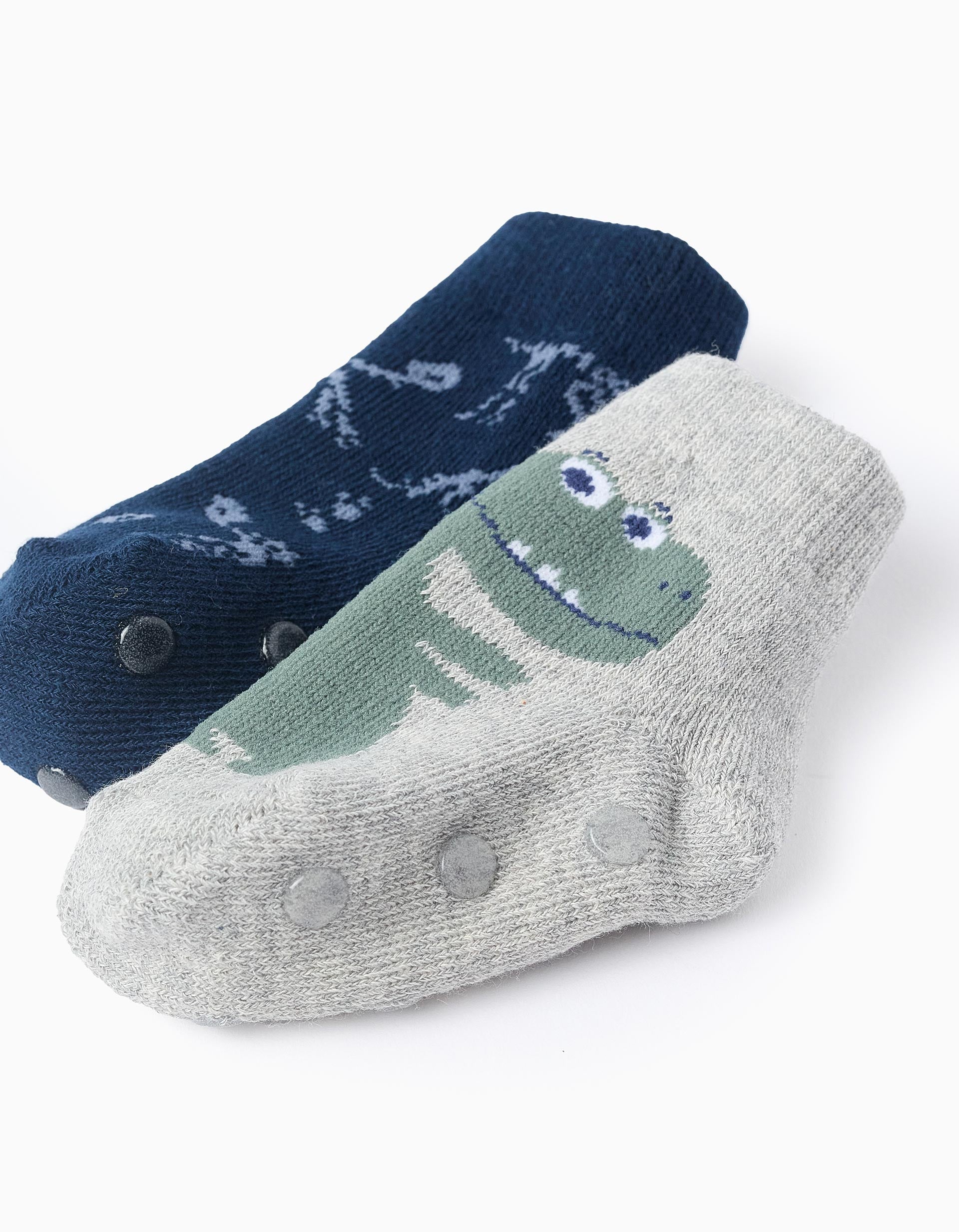 Pack of 2 Non-Slip Socks for Baby Boys 'Dinosaur', Blue/Grey