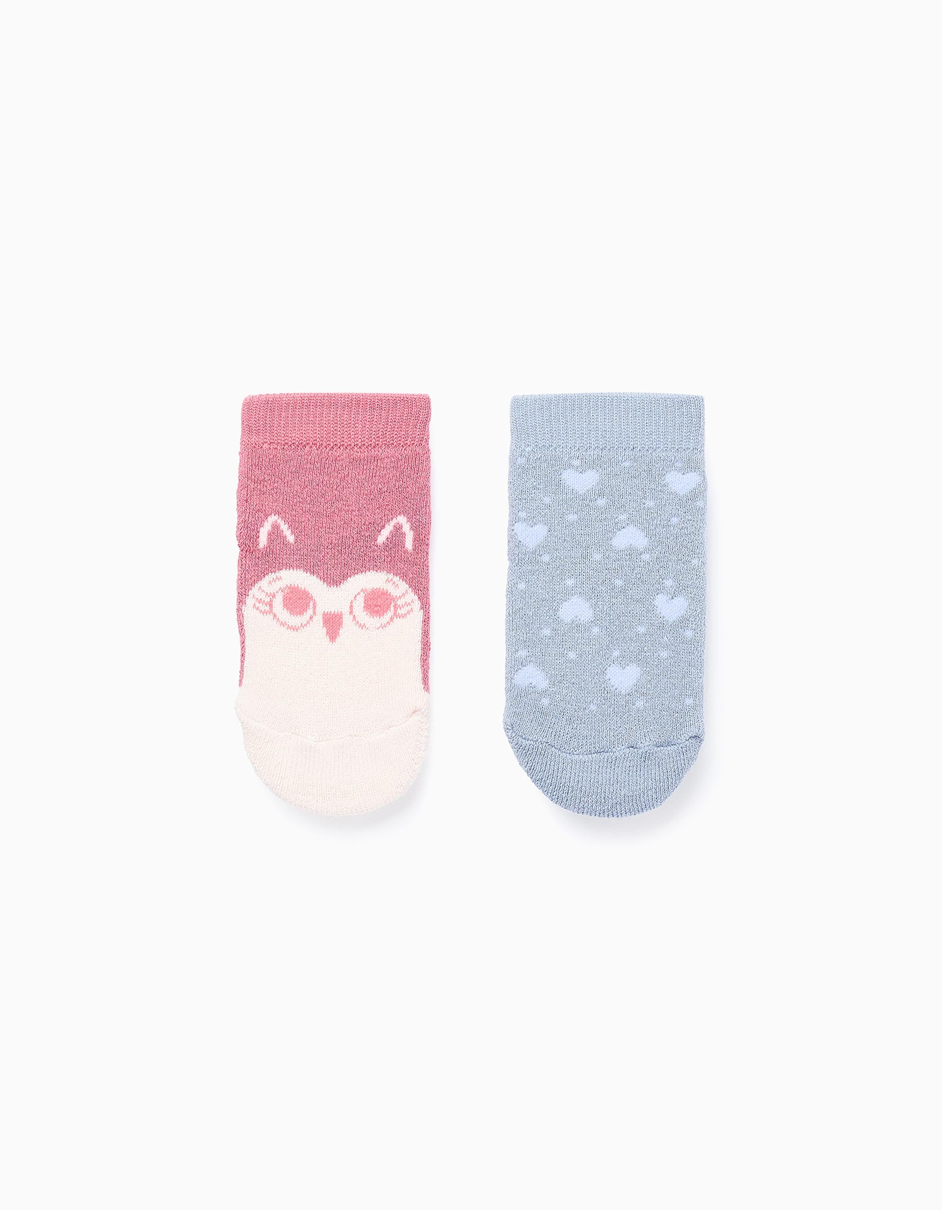 Pack of 2 Non-Slip Socks for Baby Girls 'Hearts', Blue/Pink