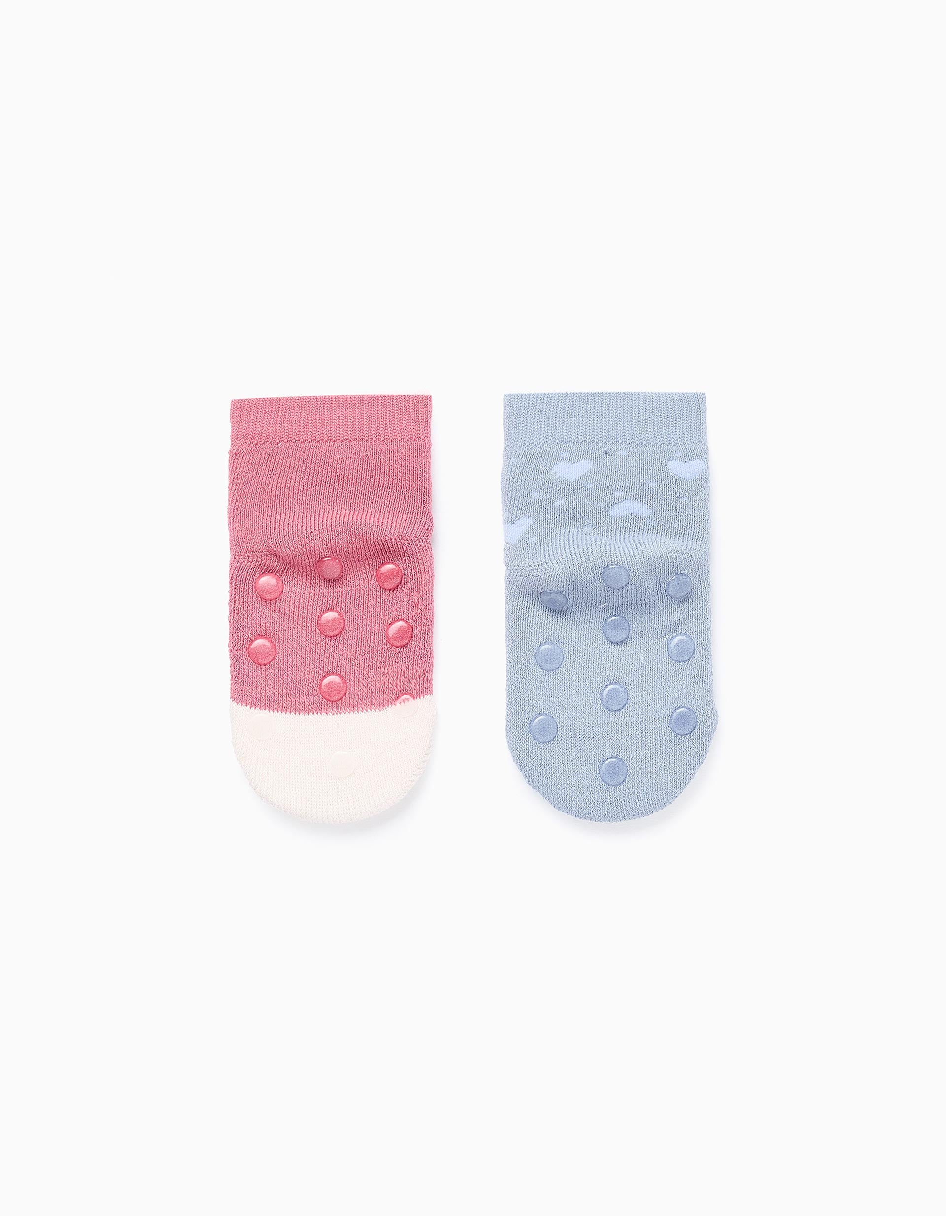 Pack of 2 Non-Slip Socks for Baby Girls 'Hearts', Blue/Pink