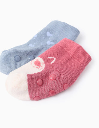 Pack 2 de Meias Antiderrapantes para Bebé Menina 'Hearts', Azul/Rosa